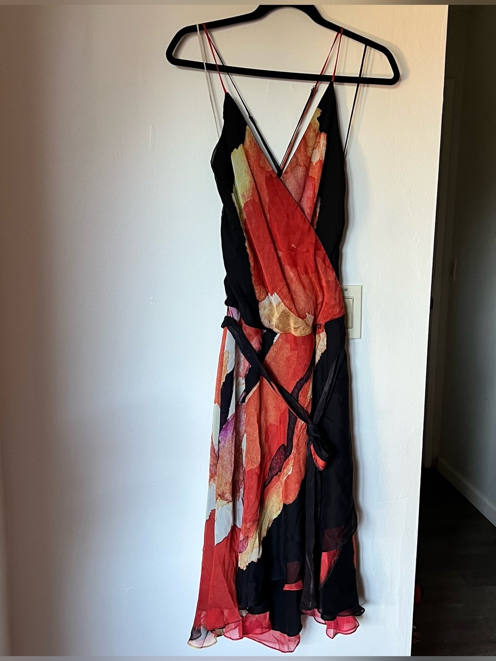 Haute Hippie Dress 100% Silk Abstract Multicolor Wrap Tie Waist Midi Dress Sz L